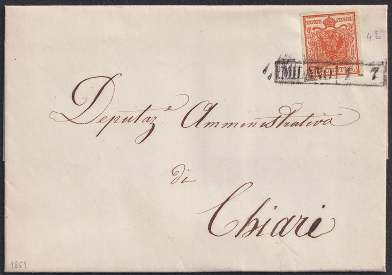 Lombardo-Veneto, Storia postale: lettera da Milano a Chiari (01/07/1851) con francobollo 15 cent....