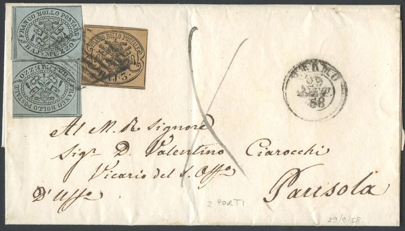 Pontificio, Busta postale 29 settembre 1858 da Fermo a Macerata affrancata per 4 baj