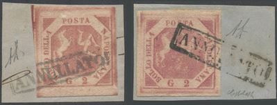 Alberto Diena, Regno di Napoli (1858), 2 gr., esemplari su piccoli frammenti, rosa lillaceo n. 5a...