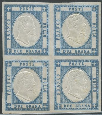 Francobollo, 2 gr azzurro n. 20b in quartina con gomma integra