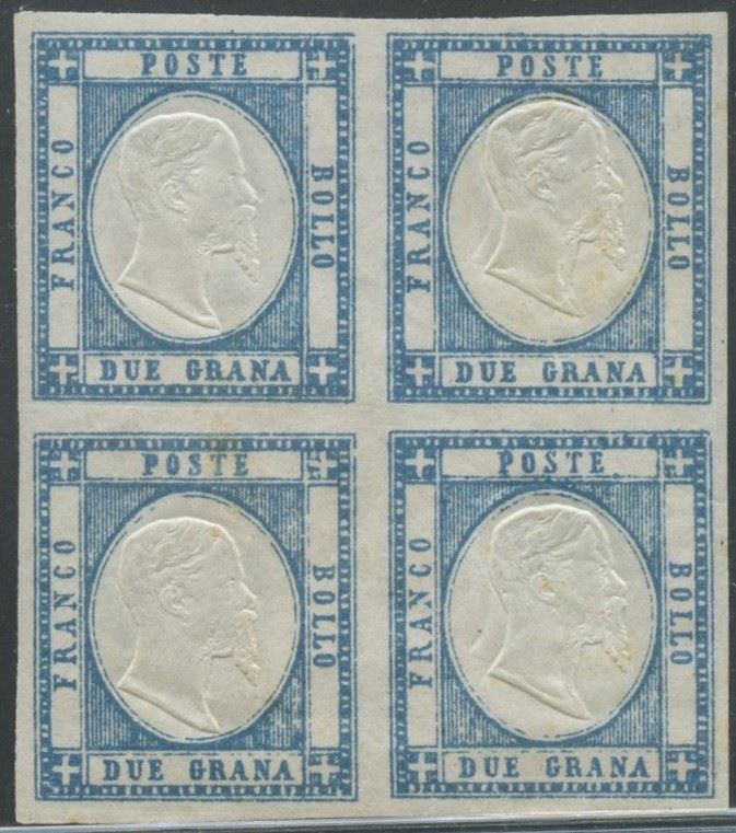 Francobollo, 2 gr azzurro n. 20b in quartina con gomma integra