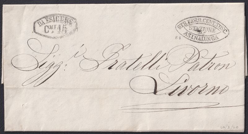 Lettera postale storica, Toscana – Strade Ferrate (Asinalunga–Livorno), annullamento e timbro “ST...