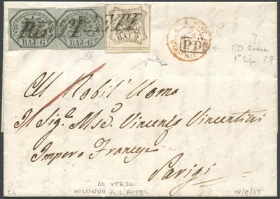 Alberto Diena, Pontificio – Storia postale: lettera del 18/08/1855 Rieti–Parigi