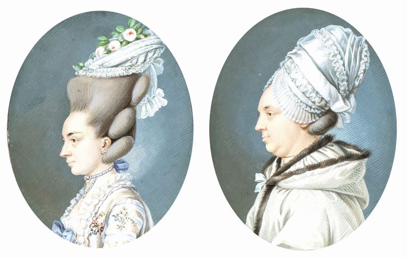Carl Friedrich Holtzmann - A) Ritratto di Profilo di Gentildonna con Cuffia; B) Ritratto di Profi...