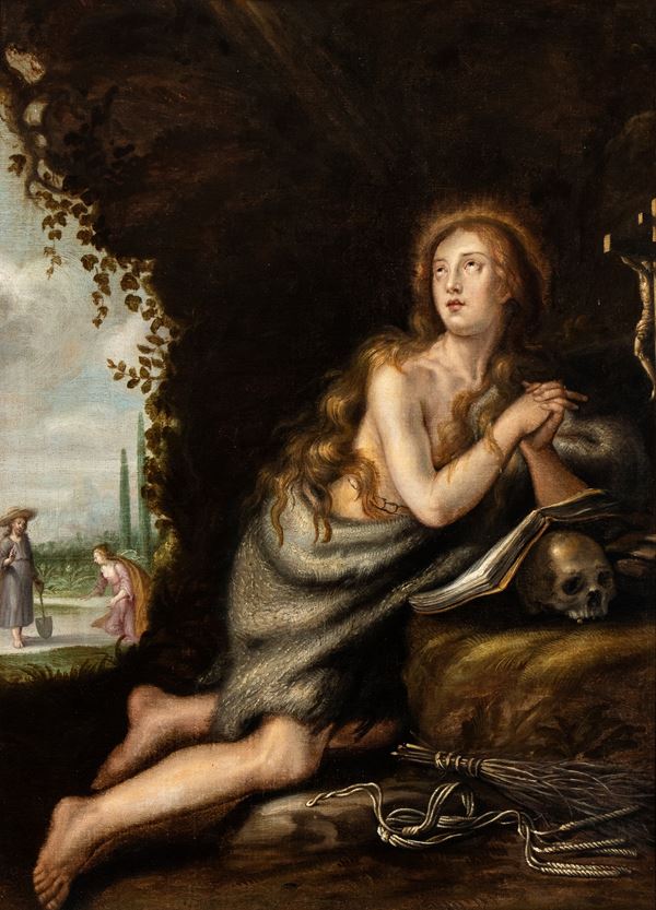 Artista fiammingo attivo in Italia, fine XVI - inizio XVII secolo - Maria Maddalena penitente nel deserto con Noli me tangere sullo sfondo