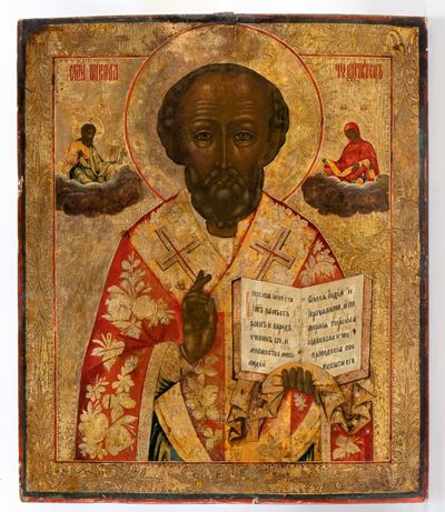 Icona Russa Raffigurante San Nicola Taumaturgo Affiancato da Gesù e la Vergine