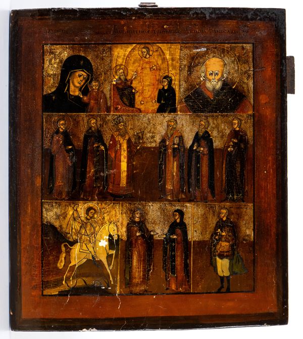 Icona russa raffigurante Madonna di Kazan e santi