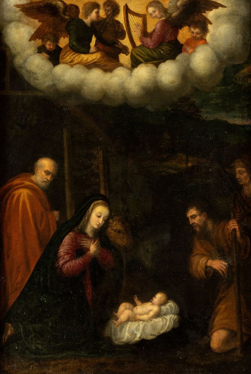 Artista Lombardo, XVII Secolo - Natività con Concerto di Angeli Musicanti