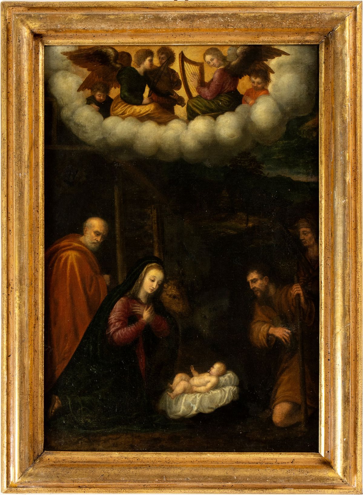 Artista Lombardo, XVII Secolo - Natività con Concerto di Angeli Musicanti