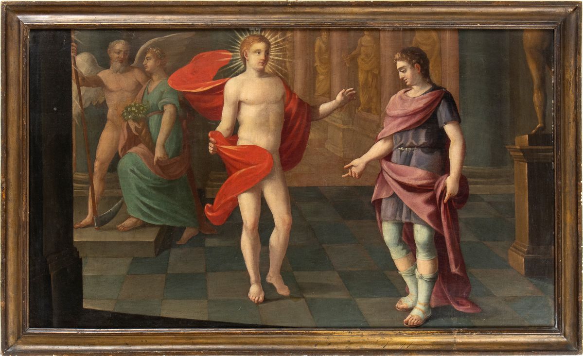Artista Francese, XVII - XVIII Secolo - Scena Allegorica con Crono, Flora, Apollo e una Figura Cl...