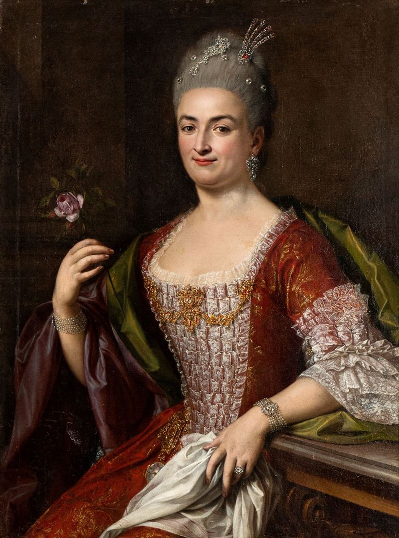 Sebastiano Ceccarini - Gentildonna con Gioielli, Orologio da Tasca e Rosa nella Mano Destra