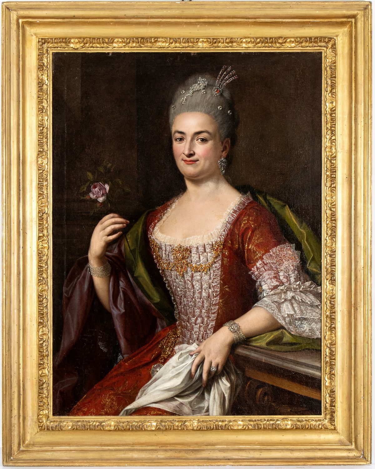 Sebastiano Ceccarini - Gentildonna con Gioielli, Orologio da Tasca e Rosa nella Mano Destra