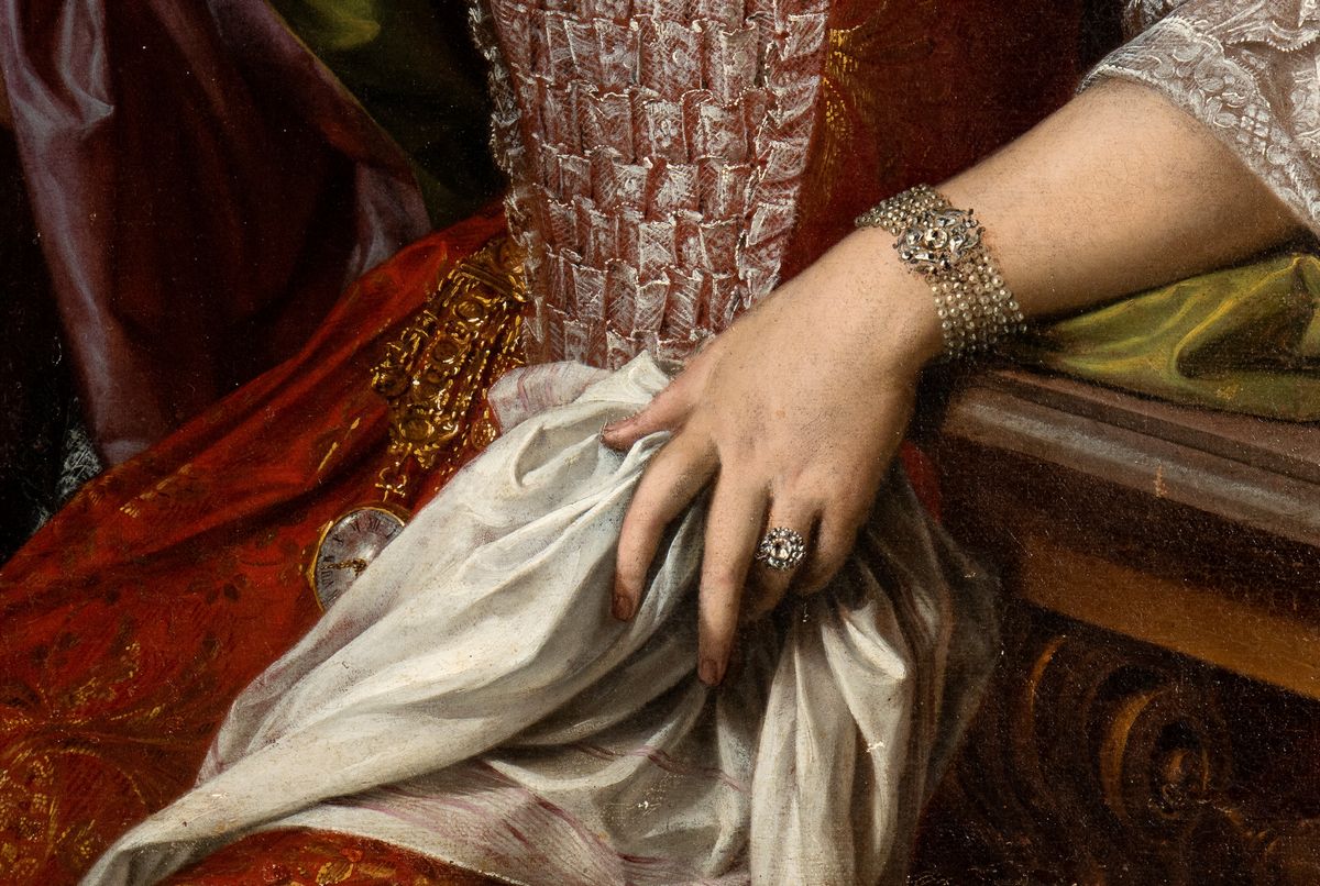 Sebastiano Ceccarini - Gentildonna con Gioielli, Orologio da Tasca e Rosa nella Mano Destra