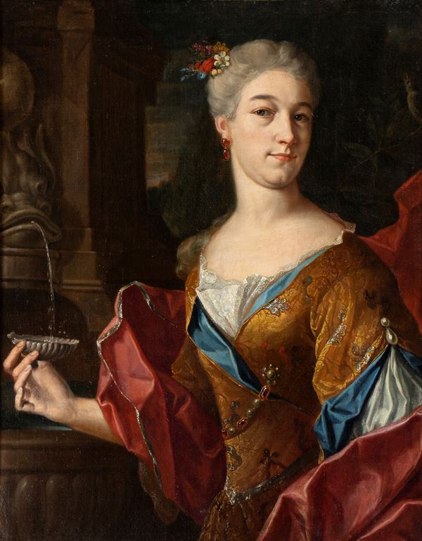 Sebastiano Ceccarini - Gentildonna alla fontana con orecchini di rubino mantello rosso 