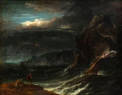 Marina in Tempesta con Imbarcazioni e Due Figure in Primo Piano