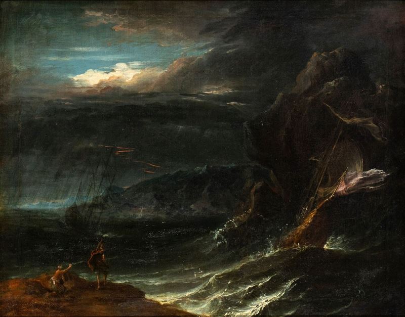 Antonio Francesco Peruzzini - Marina in Tempesta con Imbarcazioni e Due Figure in Primo Piano