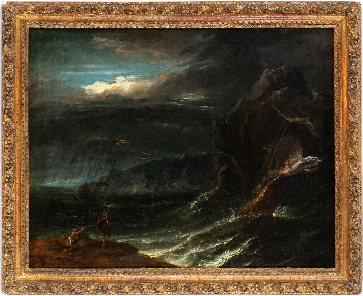 Antonio Francesco Peruzzini - Marina in Tempesta con Imbarcazioni e Due Figure in Primo Piano
