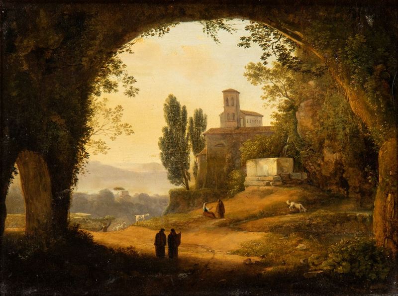 Giambattista Bassi - Paesaggio Laziale con Grotta, Due Frati e Complesso Monastico sullo Sfondo