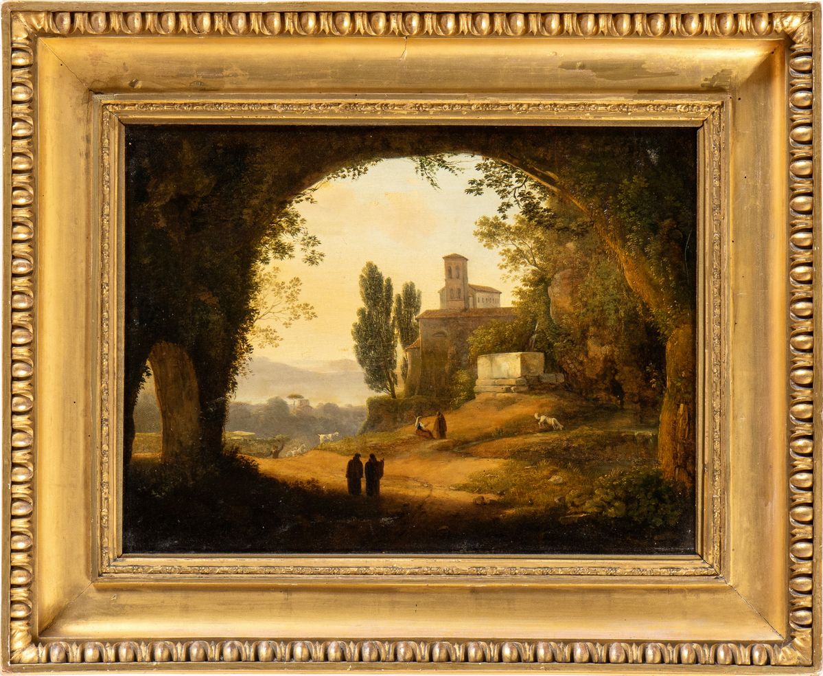 Giambattista Bassi - Paesaggio Laziale con Grotta, Due Frati e Complesso Monastico sullo Sfondo