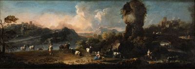 Paesaggio Laziale con Ponte, Rudere, Pastori e Armenti