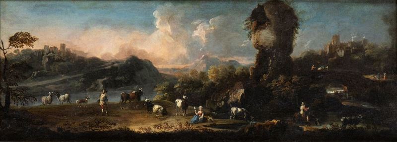 Artista Attivo a Roma, Prima Metà XVIII Secolo - Paesaggio Laziale con Ponte, Rudere, Pastori e A...