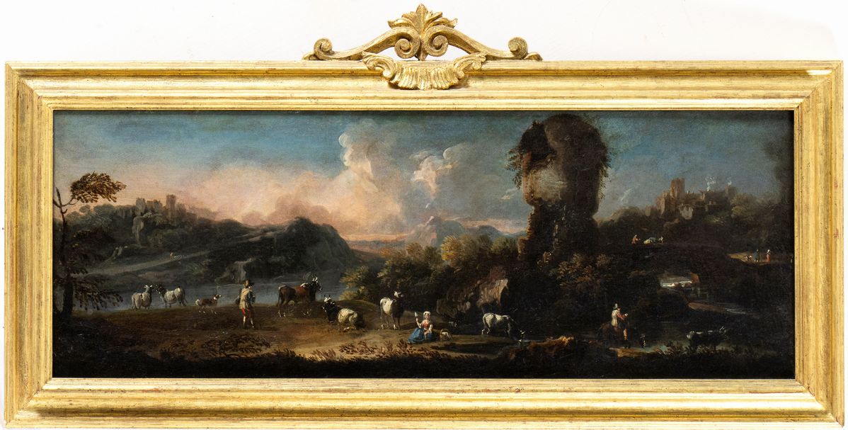 Artista Attivo a Roma, Prima Metà XVIII Secolo - Paesaggio Laziale con Ponte, Rudere, Pastori e A...