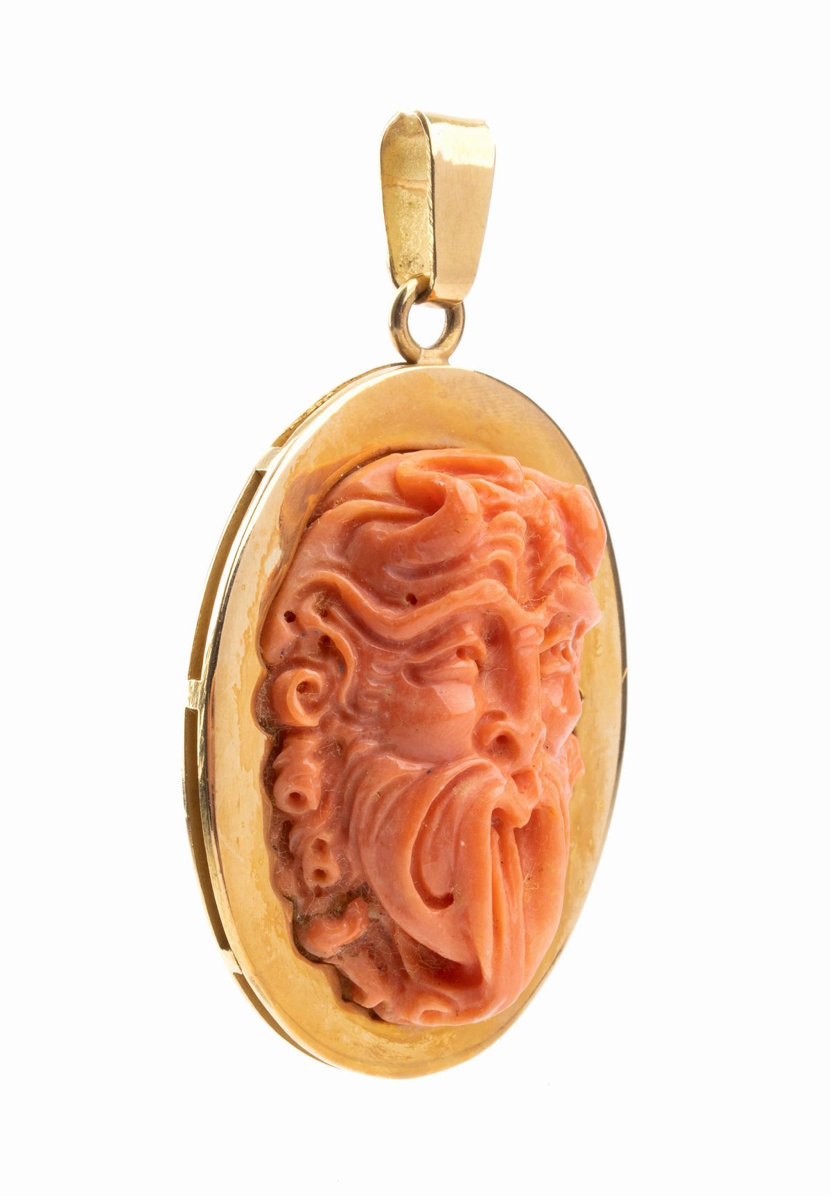 Pendente in Oro con Corallo a Forma di Maschera di Satiro