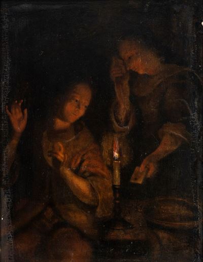 Interno a Lume di Candela con Due Figure Femminili