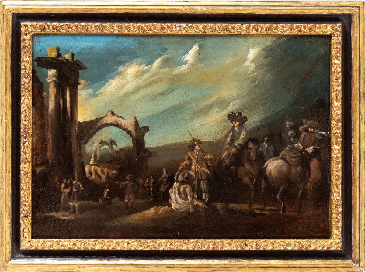 Scuola Veneta, XVIII Secolo - Capriccio Architettonico con Sosta di Cavaliere e Figure