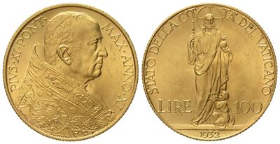 Vaticano. Pio XI (1922-1938). 100 Lire 1932. Au (8,82 G; 23,5 MM)
