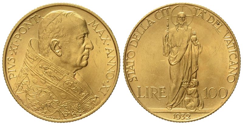 Vaticano. Pio XI (1922-1938). 100 Lire 1932. Au (8,82 G; 23,5 MM)