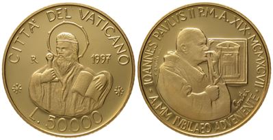 Vaticano. Giovanni Paolo II (1978-2005). 50.000 Lire 1997. Au 917 (7,5 G; 23 MM)
