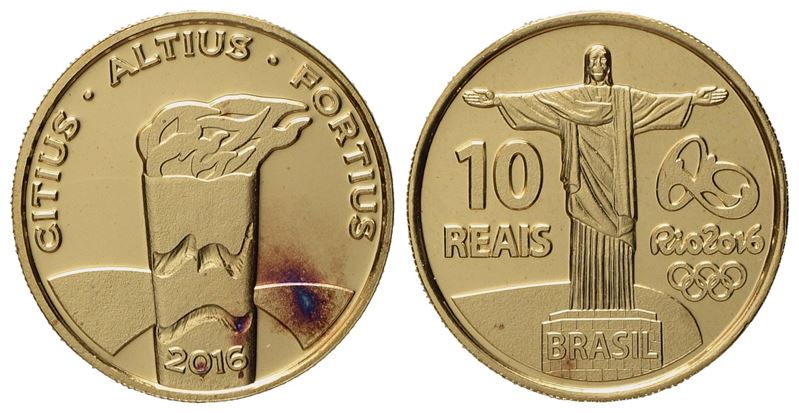Brasile. 10 Reais per i Giochi Olimpici Estivi - Olimpiadi di Rio 2016. Au 900 (4,4 G; 16 MM)
