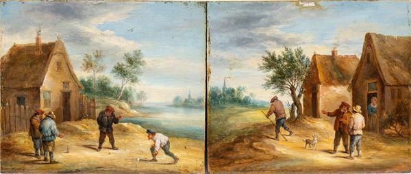 David Teniers Il Giovane - a) Giocatori di bocce in riva al fiume; b) Conversazione fra compaesani. Coppia di dipinti
