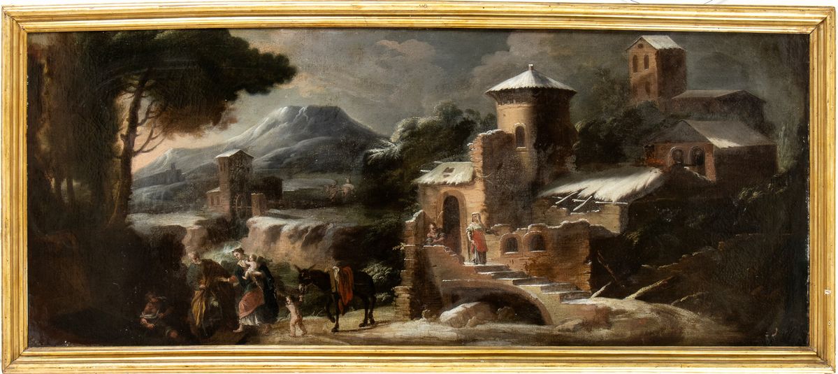 Artista Veneto, Fine XVII - Inizio XVIII Secolo - Paesaggio Innevato con Fuga in Egitto