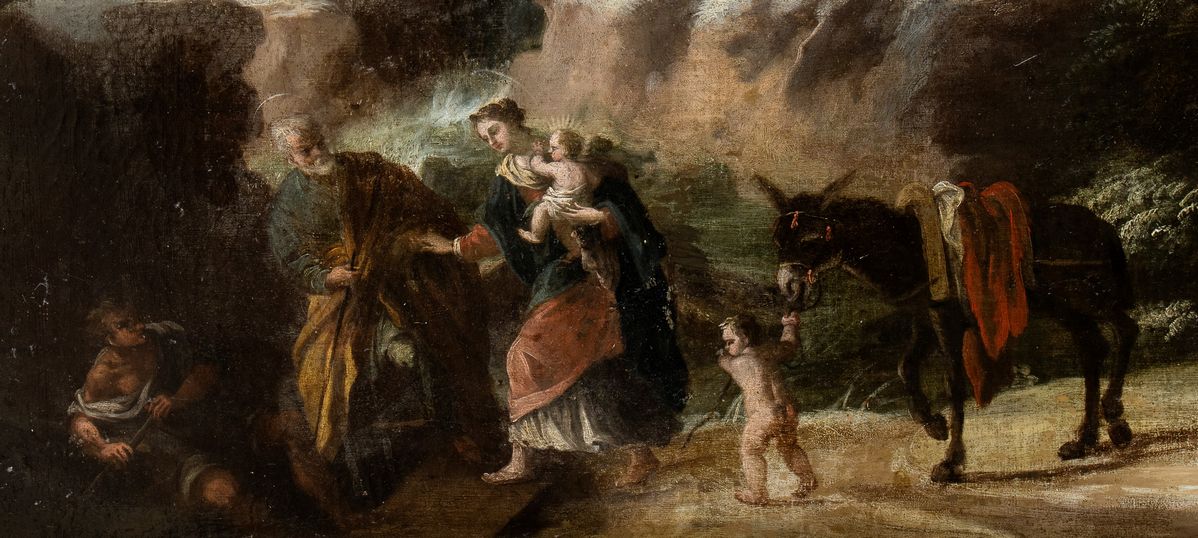 Artista Veneto, Fine XVII - Inizio XVIII Secolo - Paesaggio Innevato con Fuga in Egitto