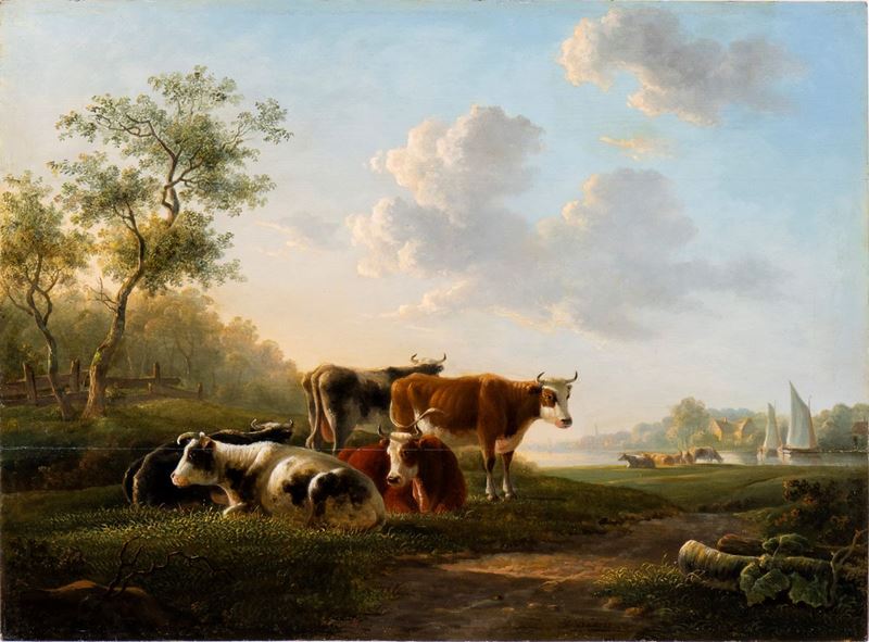 Jan Baptist Kobell - Paesaggio con Armenti e Corso D'acqua con Imbarcazioni sullo Sfondo