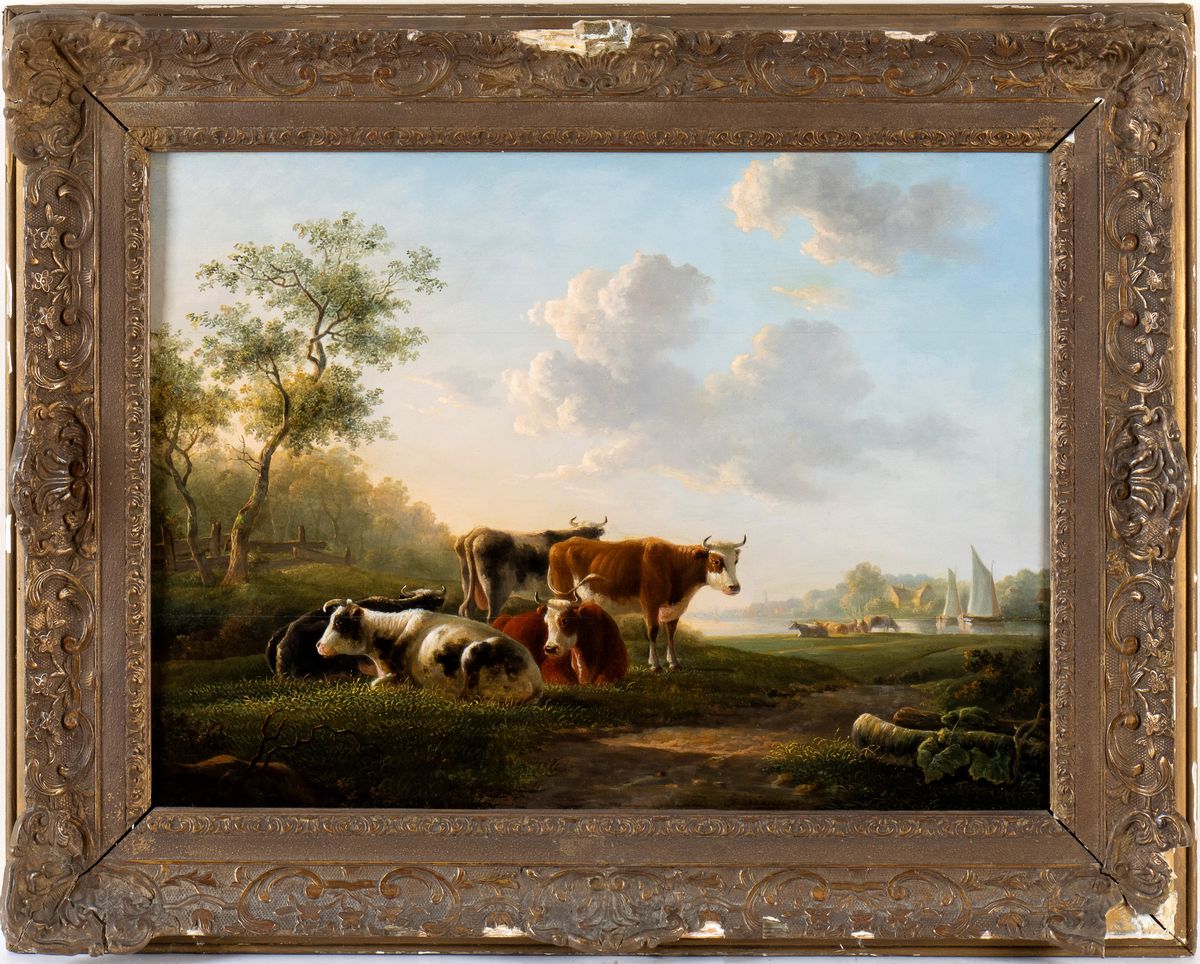 Jan Baptist Kobell - Paesaggio con Armenti e Corso D'acqua con Imbarcazioni sullo Sfondo
