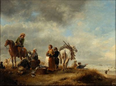 Scena Costiera con Venditrici di Pesce e Due Cavalieri