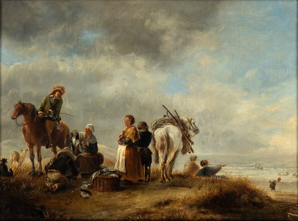 Philips Wouwerman - Coastal scene with fish vendors and two horsemen