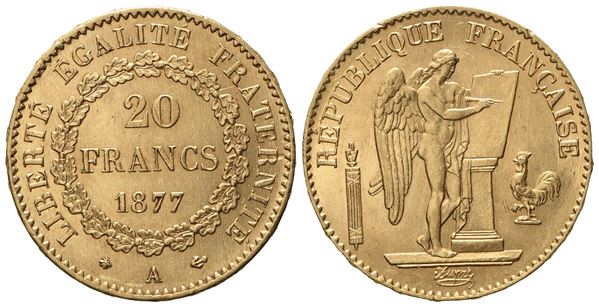 FRANCIA. Terza Repubblica (1870 - 1940). 20 franchi 1877 Parigi. Au 900 (6,43 g; 20,9 mm)