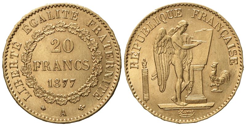 Francia. Terza Repubblica (1870 - 1940). 20 Franchi 1877 Parigi. Au 900 (6,43 G; 20,9 MM)