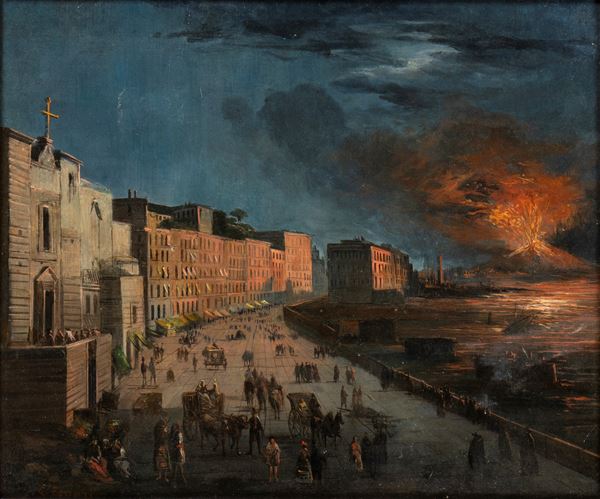 Artista attivo a Napoli, XIX secolo - The eruption of Vesuvius, view from Naples seafront