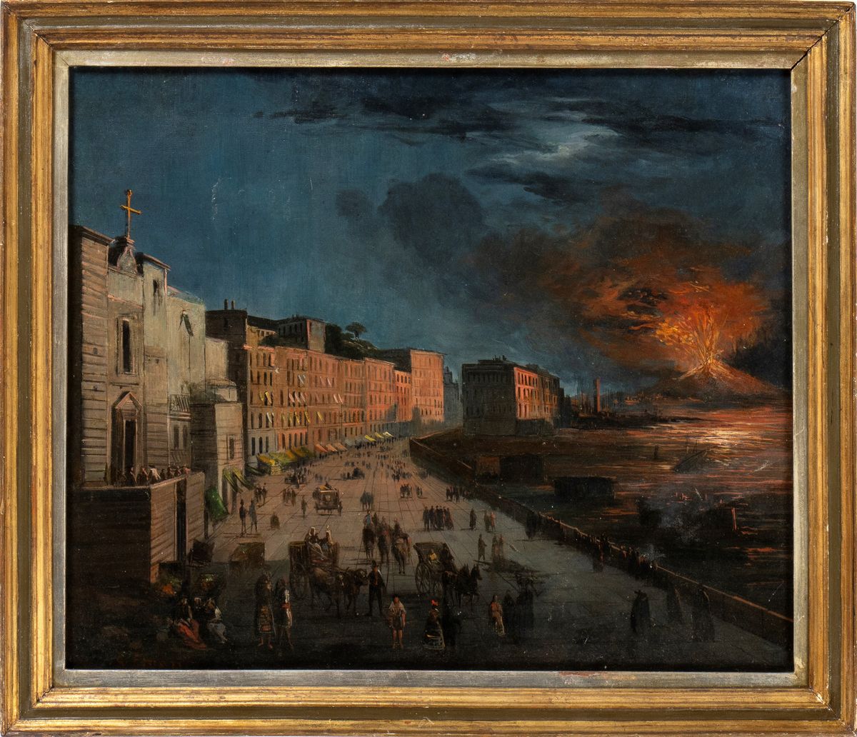 Artista Attivo a Napoli, XIX Secolo - Veduta Dell'eruzione del Vesuvio dal Lungomare di Napoli