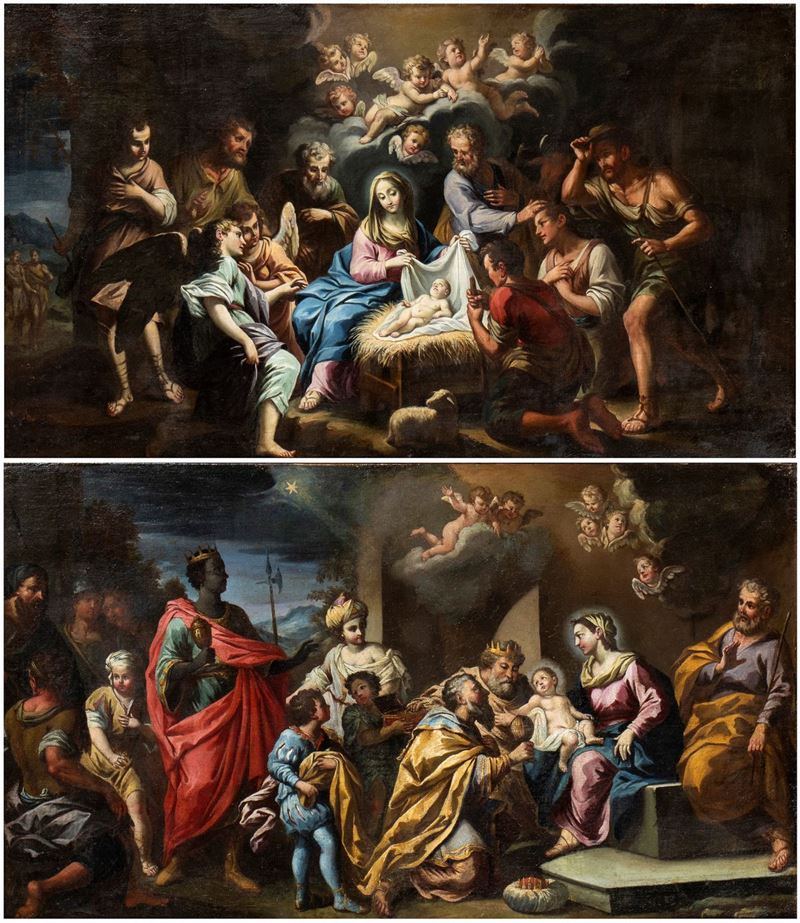 Artista Attivo a Roma, Inizio XVIII Secolo - A) Natività; B) Adorazione dei Pastori. Coppia di Di...