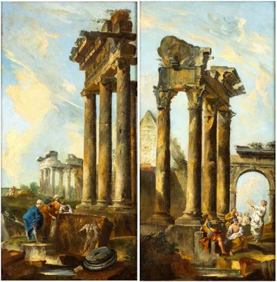 A) Capriccio con Monumenti Classici e Archeologo; B) Capriccio con Monumenti Classici e Predica d...