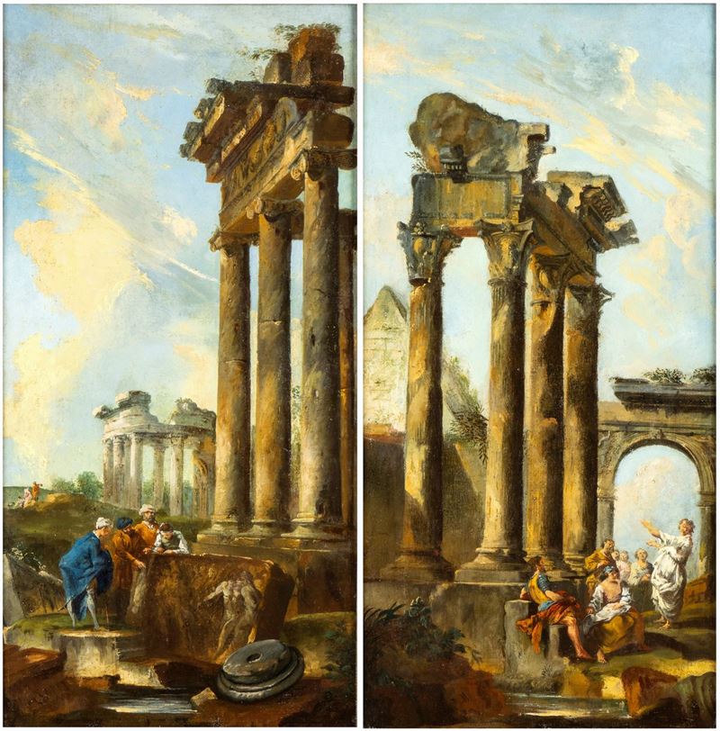 Giovanni Paolo Panini - A) Capriccio con Monumenti Classici e Archeologo; B) Capriccio con Monume...