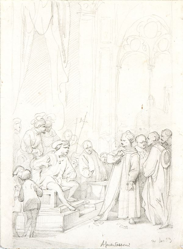 Alessandro Guardassoni - Preparatory study for the general composition of the painting "Pier Capponi tears up the pacts imposed by Charles VIII".