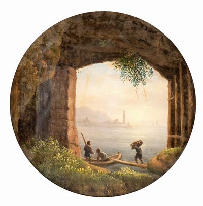 Paesaggio Lacustre con Arco di Roccia e Figure