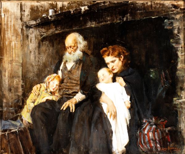 FRANCESCO  LONGO MANCINI - Veduta di interno con famiglia